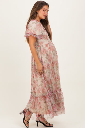 Mauve Floral Printed Tulle Puff Sleeve Maternity Midi Dress