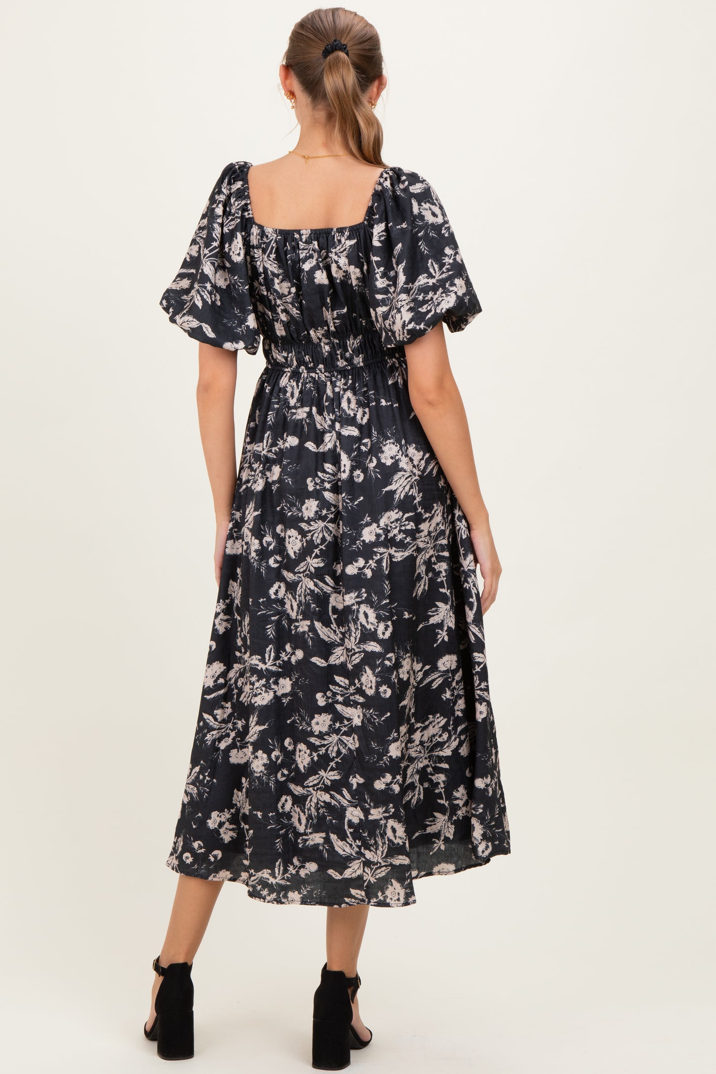 Black Floral Puff Sleeve Smocked Waist Maternity Midi Dress