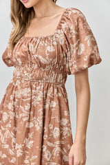Rust Floral Puff Sleeve Smocked Waist Midi Dress
