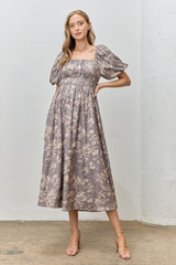 Grey Floral Puff Sleeve Smocked Waist Midi Dress