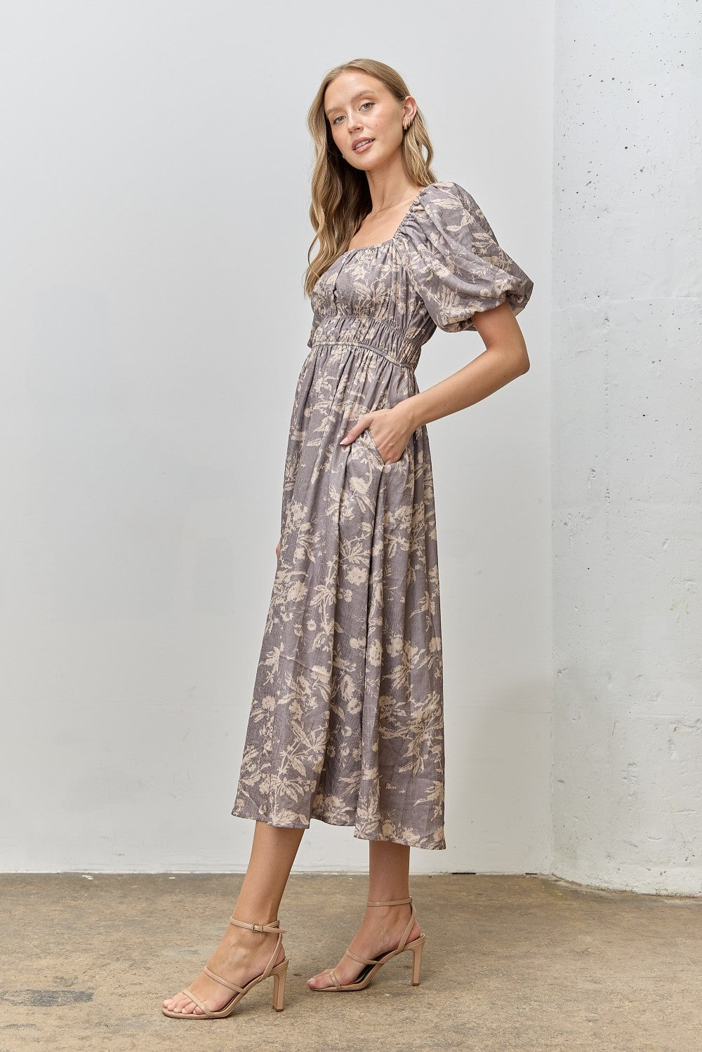 Grey Floral Puff Sleeve Smocked Waist Midi Dress