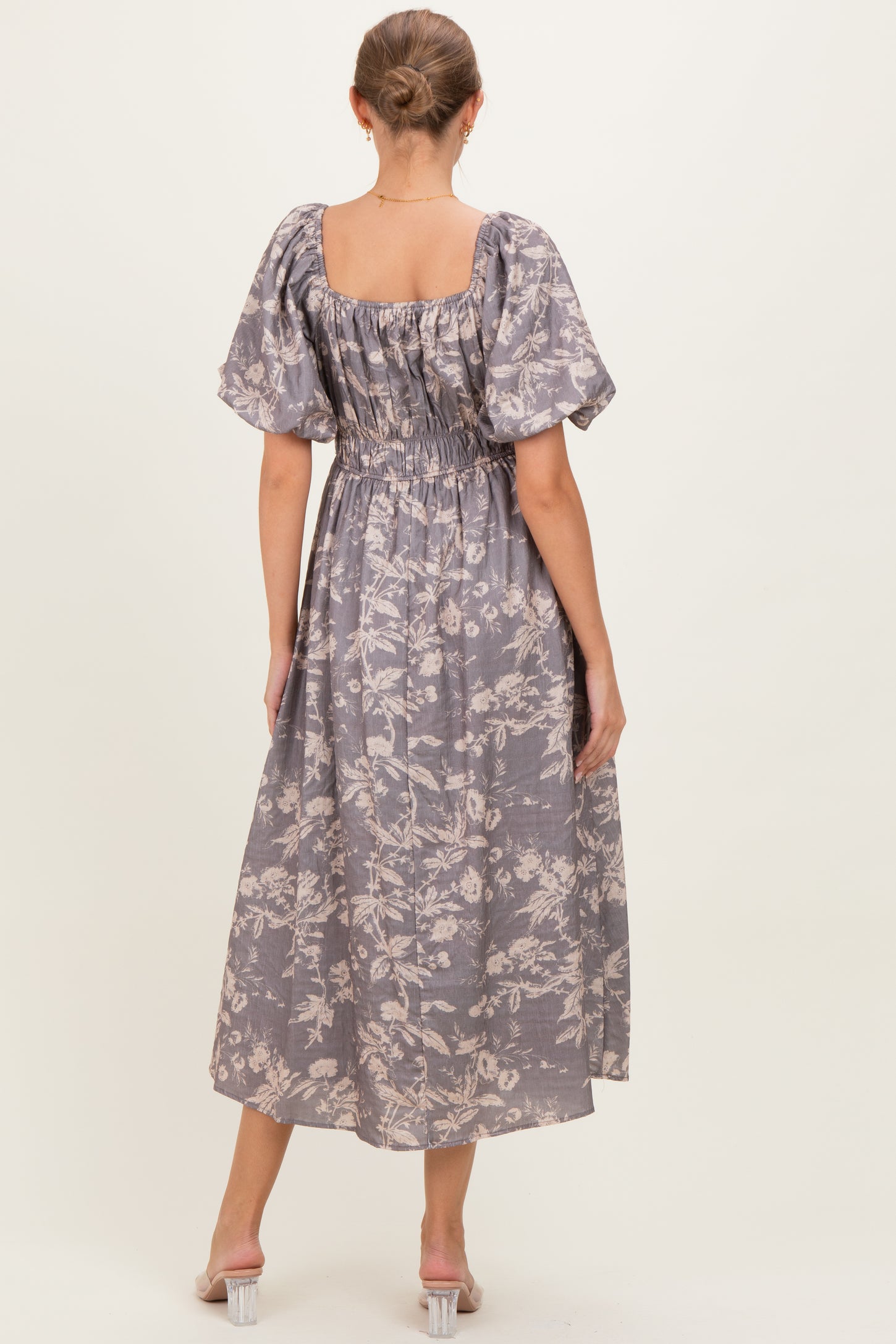 Grey Floral Puff Sleeve Smocked Waist Maternity Midi Dress