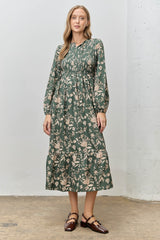 Green Floral Smocked Long Sleeve Maternity Midi Dress