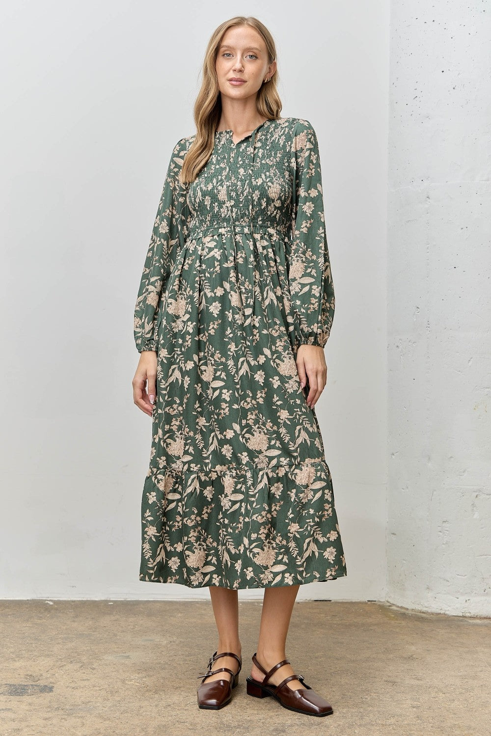 Green Floral Smocked Long Sleeve Maternity Midi Dress