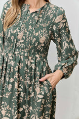 Green Floral Smocked Long Sleeve Midi Dress
