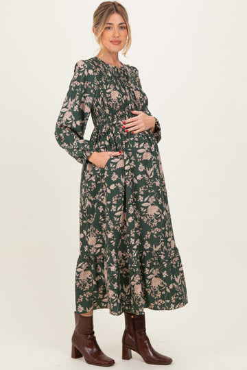 Green Floral Smocked Long Sleeve Maternity Midi Dress