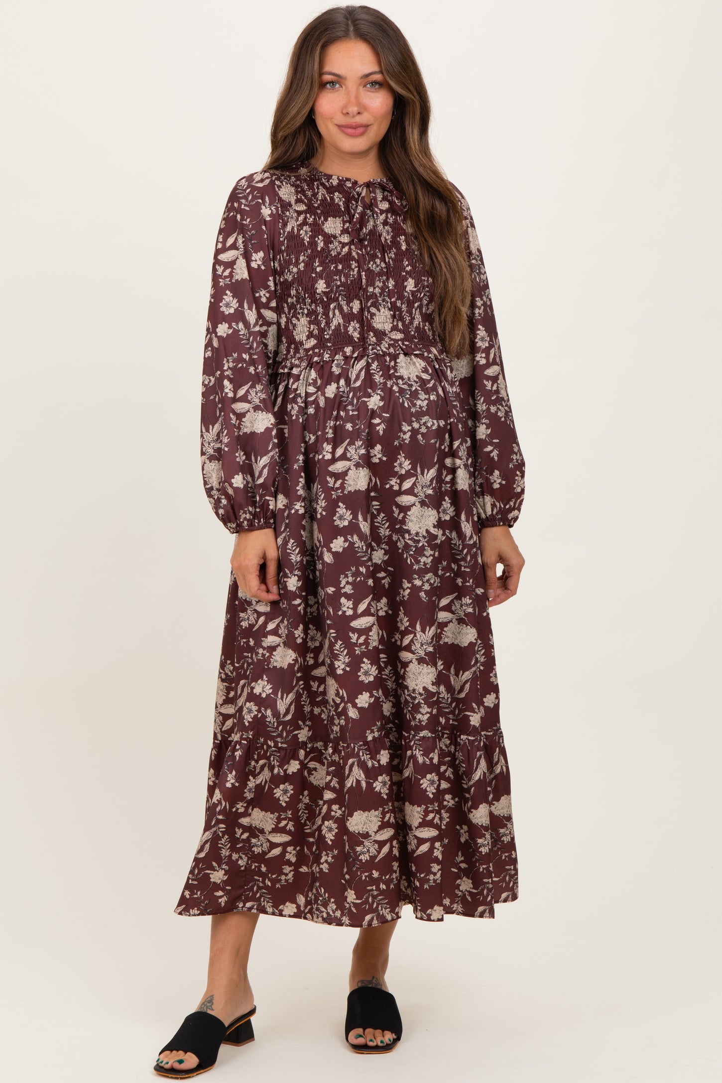 Brown Floral Smocked Long Sleeve Maternity Midi Dress