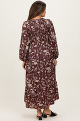 Brown Floral Smocked Long Sleeve Maternity Midi Dress