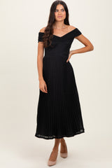 Black Shimmer Off Shoulder Pleated Midi Dress