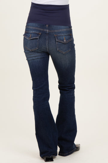 Navy Blue Flap Back Pocket Bootcut Maternity Jeans