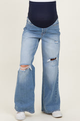 Blue Distressed Open Knee Baggy Wide Leg Maternity Jeans