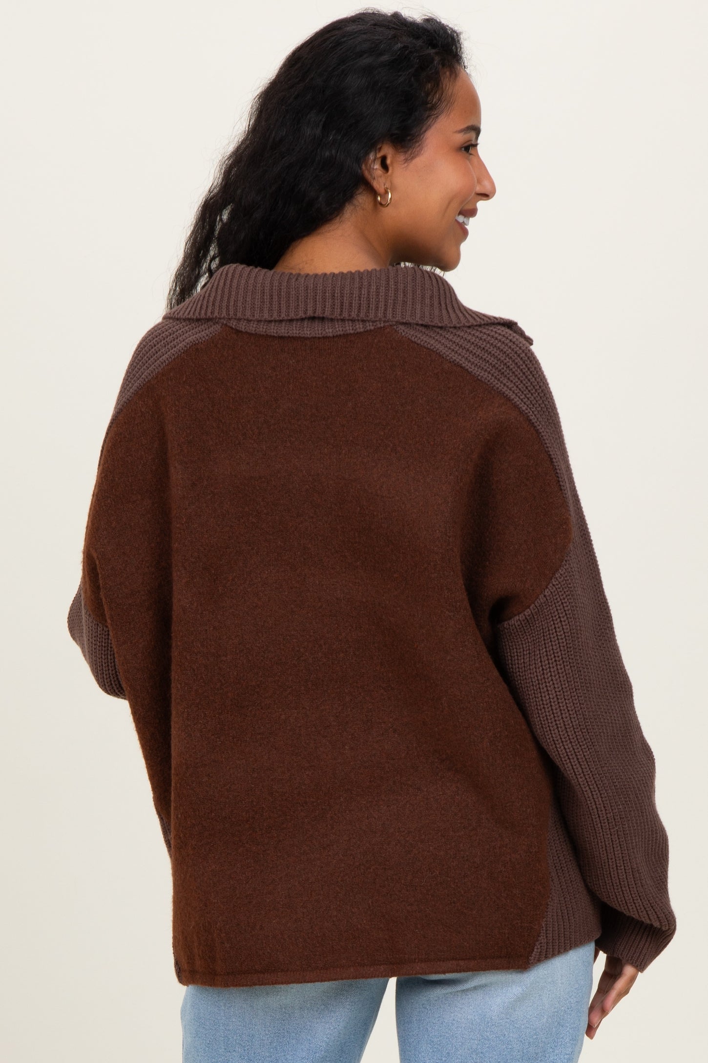 Brown Colorblock Half Zip Maternity Pullover Sweater