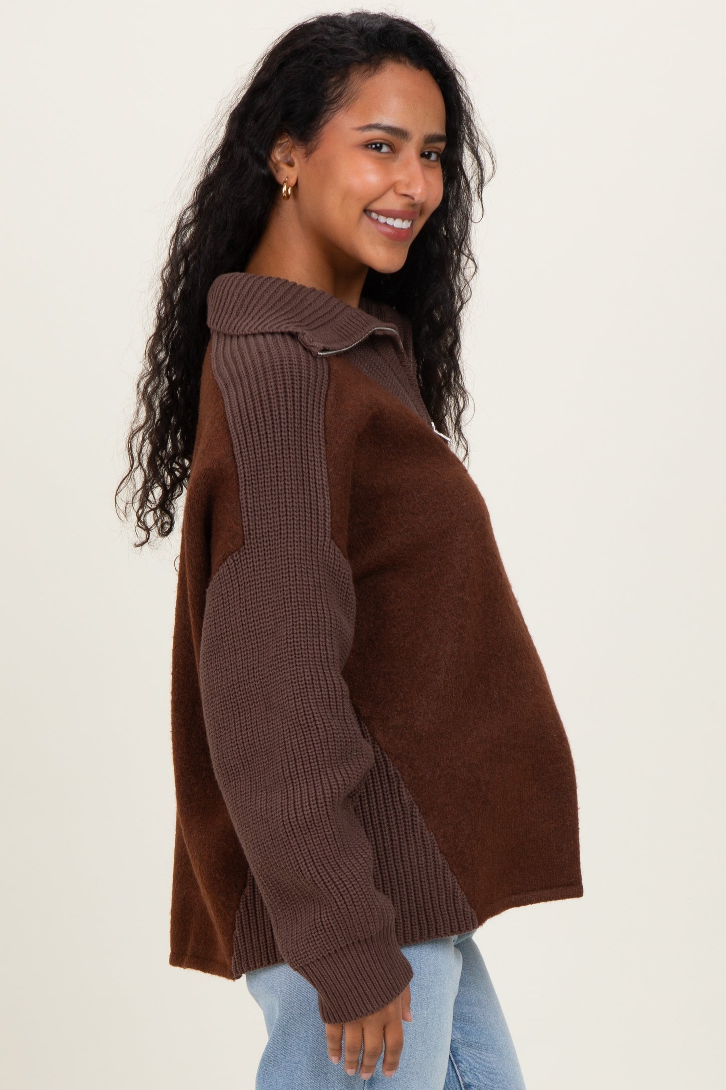 Brown Colorblock Half Zip Maternity Pullover Sweater