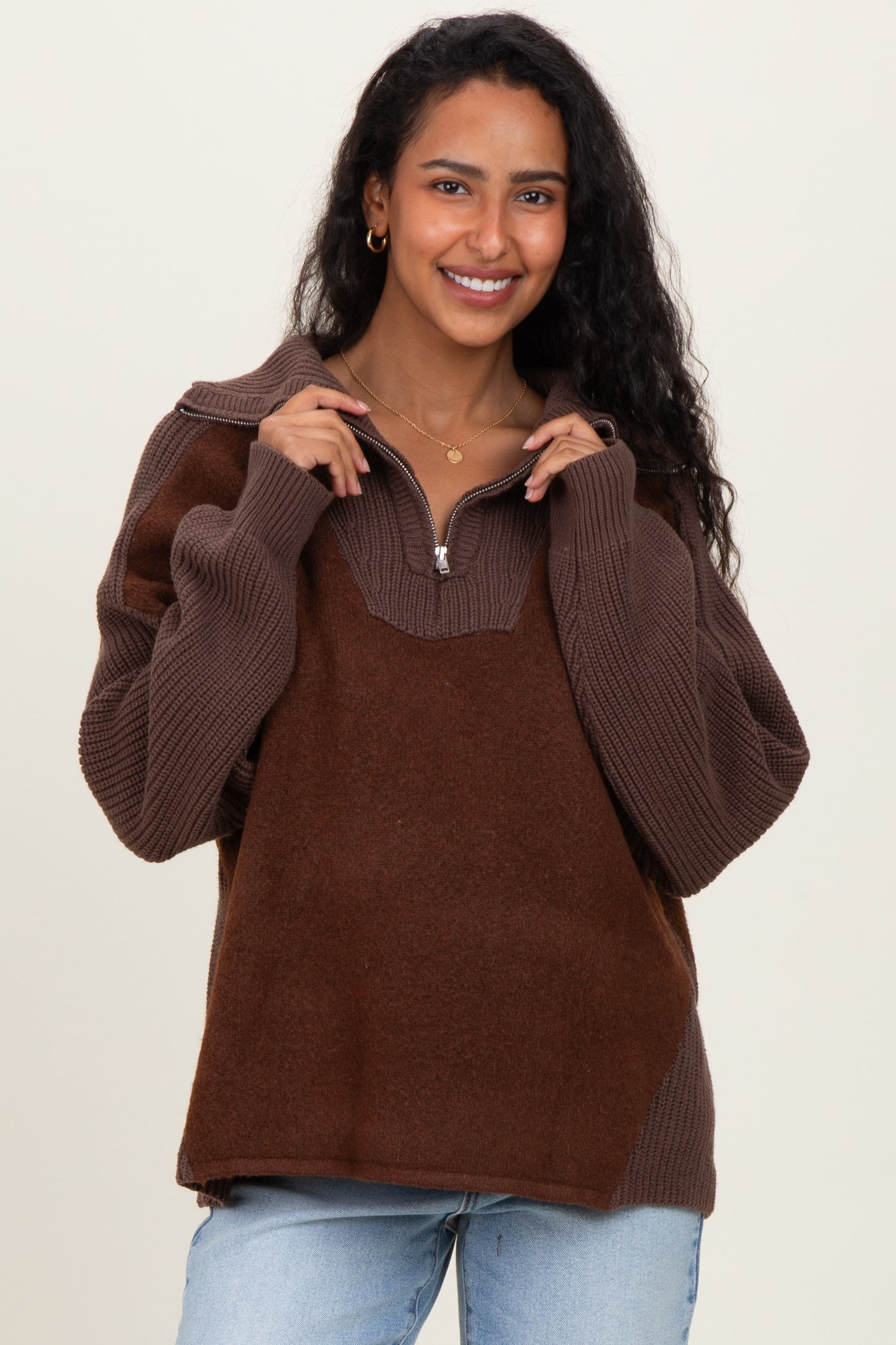 Brown Colorblock Half Zip Maternity Pullover Sweater