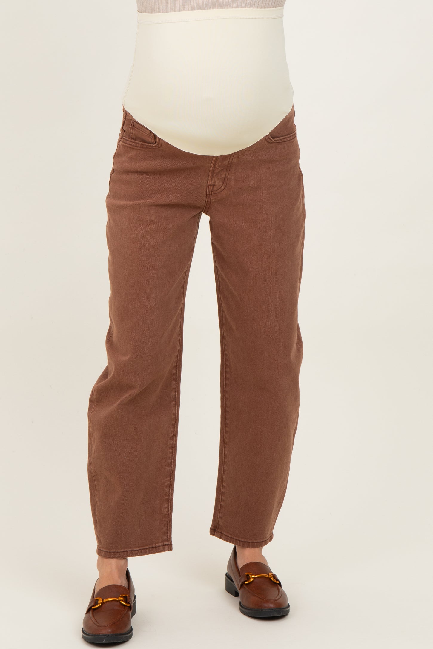 Brown Ankle Barrel Leg Maternity Jeans
