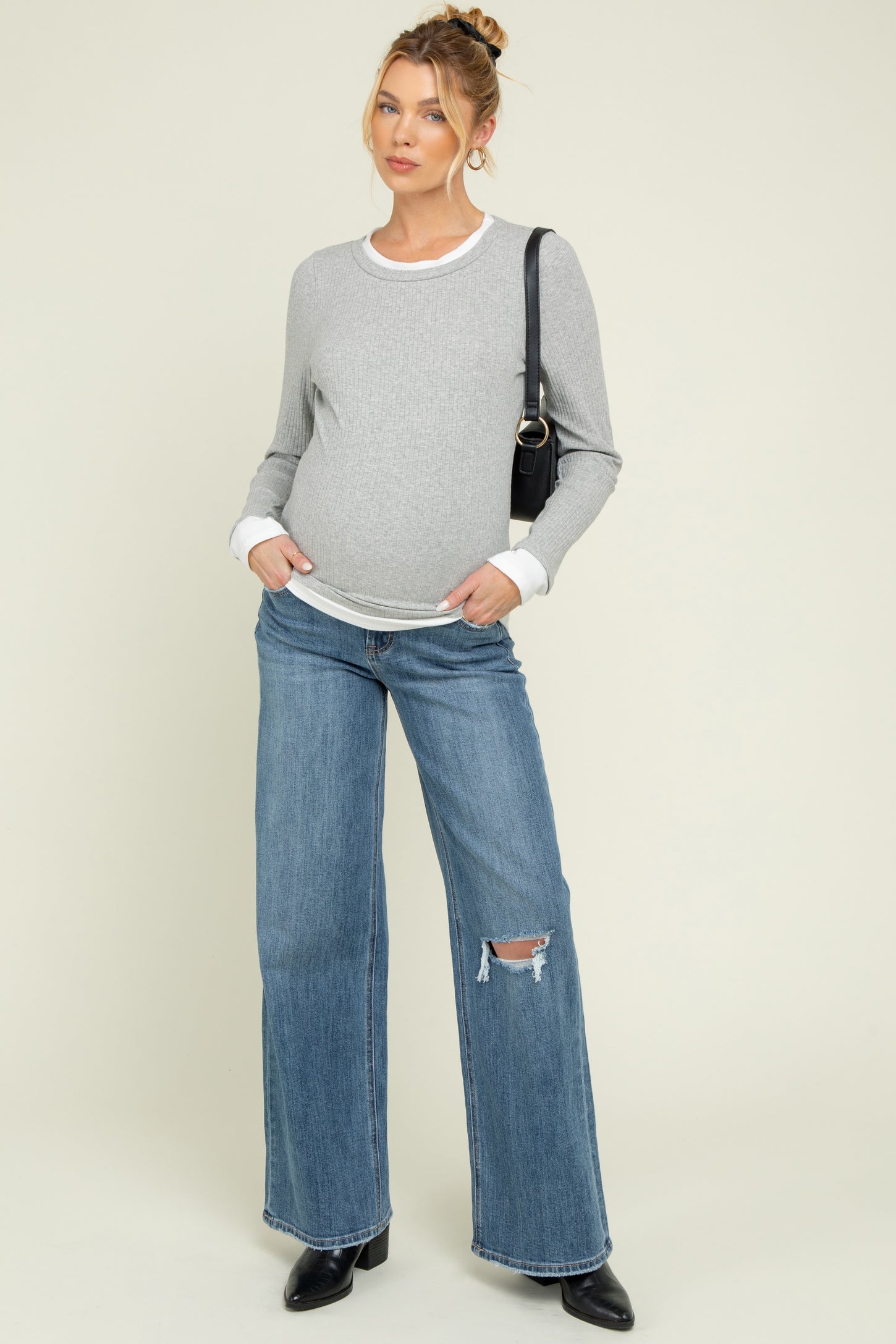 Blue Distressed Open Knee Wide Leg Maternity Jeans