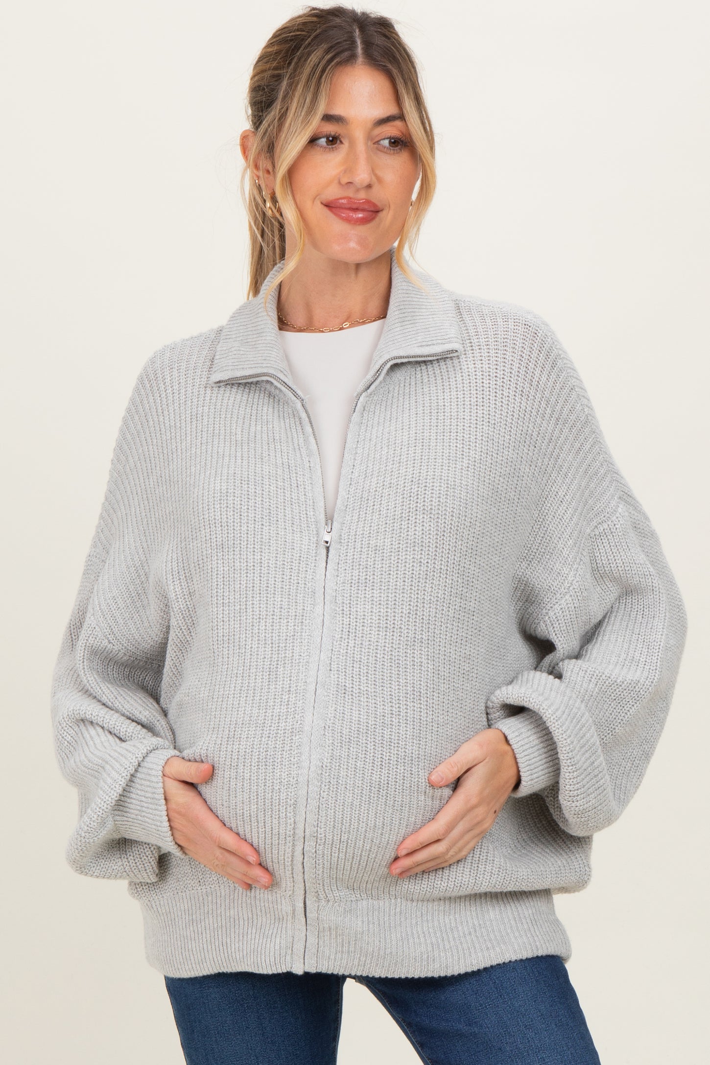 Heather Grey Oversized Zip Up Maternity Cardigan