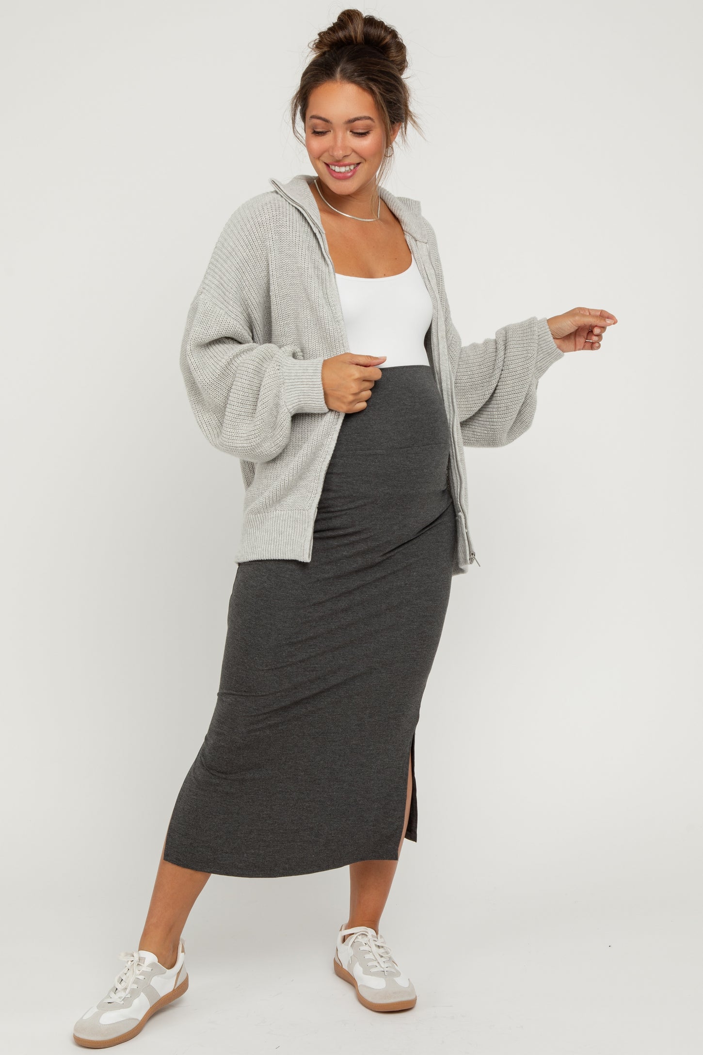 Heather Grey Oversized Zip Up Maternity Cardigan