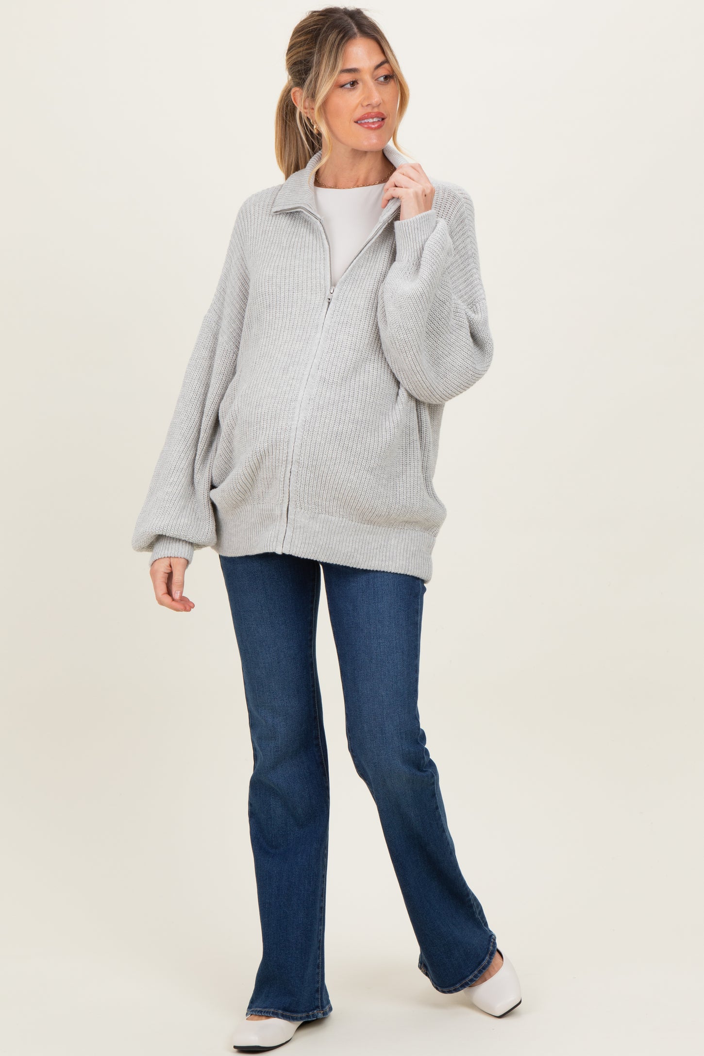 Heather Grey Oversized Zip Up Maternity Cardigan