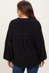 Black Solid Ribbed Long Sleeve Pocketed Collared V-Neck Maternity Top