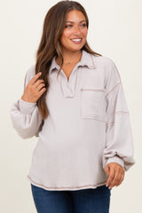 Beige Solid Ribbed Long Sleeve Pocketed Collared V-Neck Maternity Top