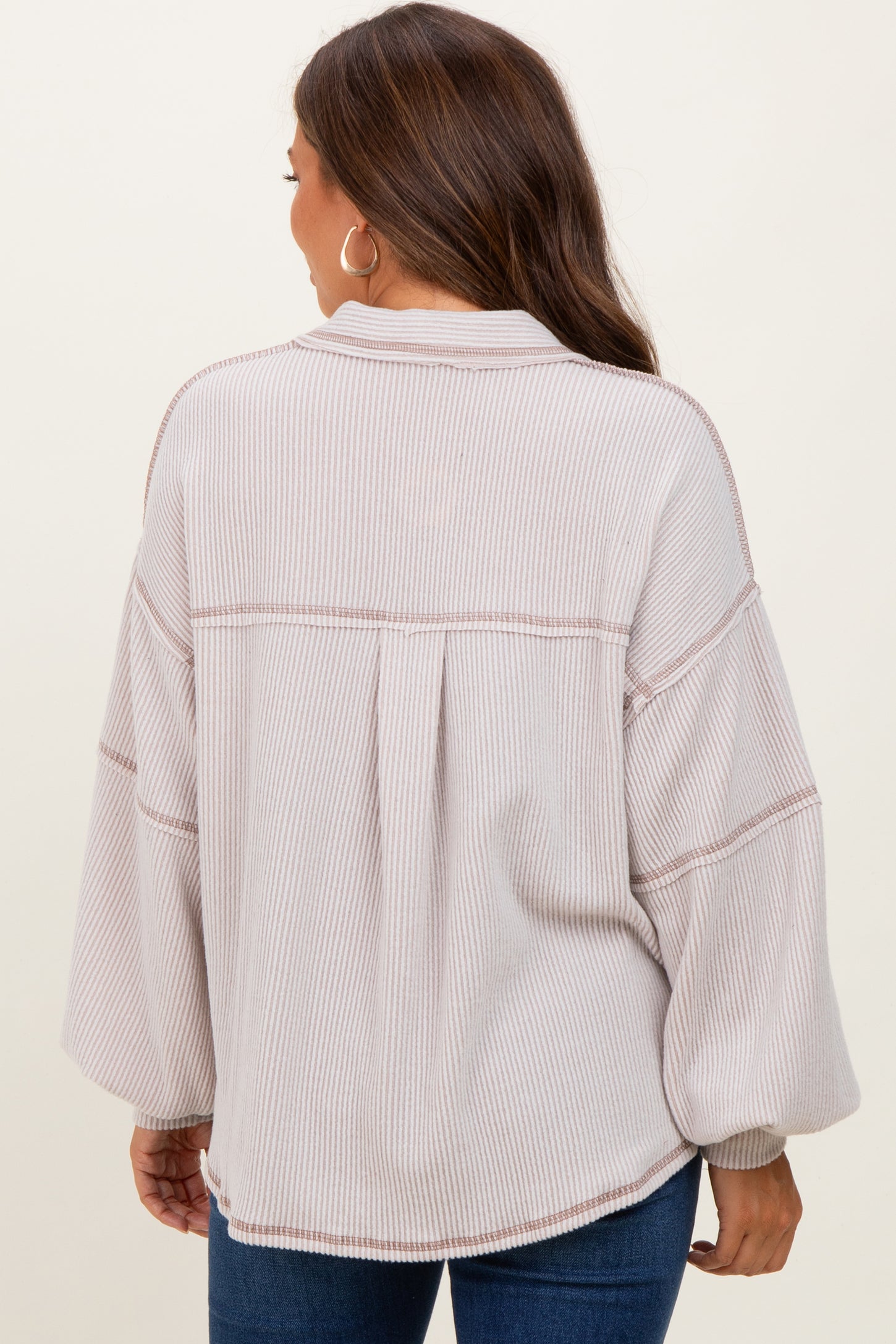 Beige Solid Ribbed Long Sleeve Pocketed Collared V-Neck Maternity Top