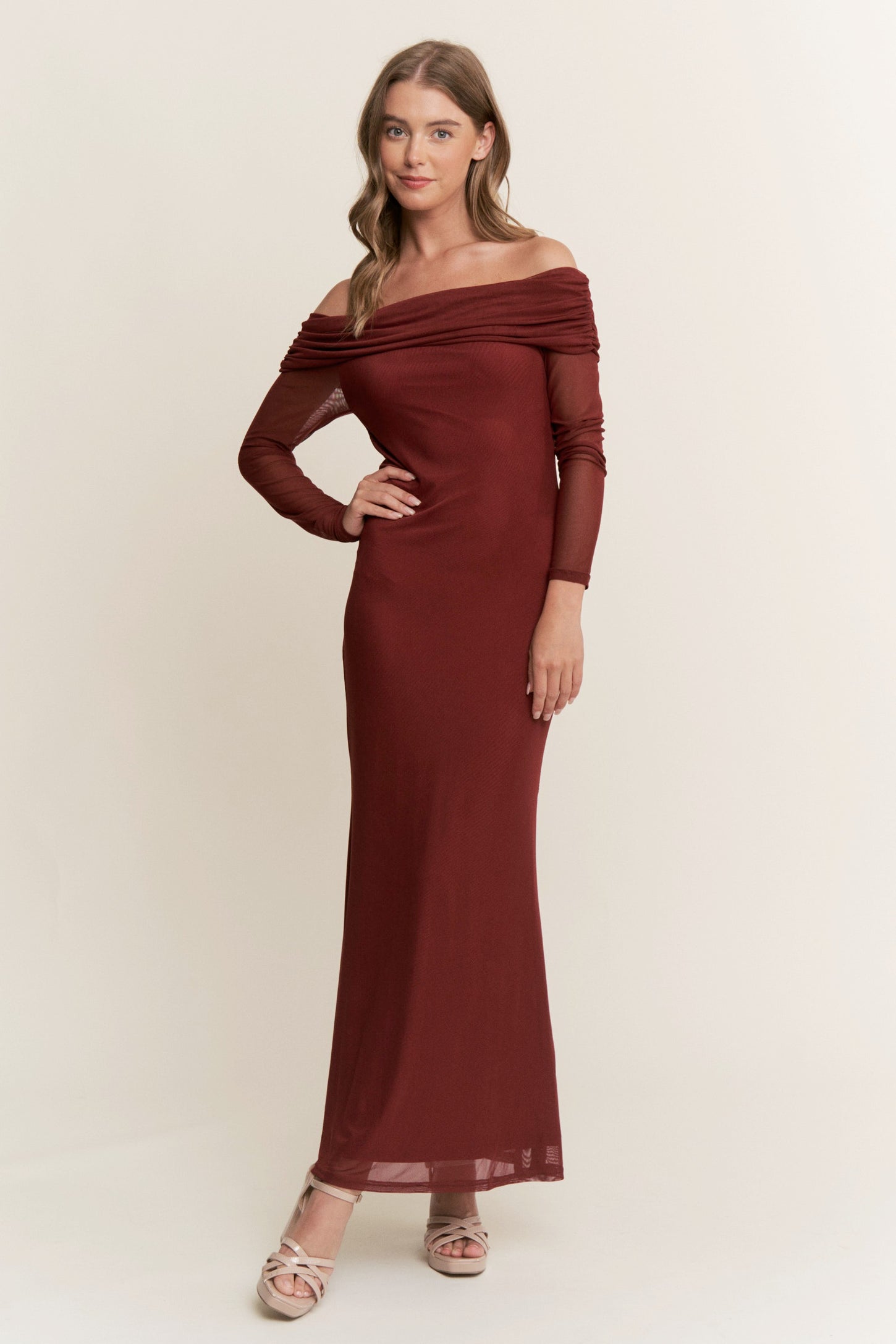 Burgundy Mesh Off Shoulder Long Sleeve Maternity Maxi Dress