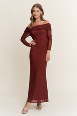 Burgundy Mesh Off Shoulder Long Sleeve Maternity Maxi Dress