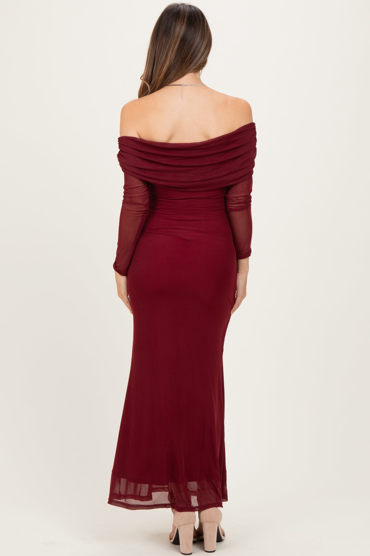 Burgundy Mesh Off Shoulder Long Sleeve Maternity Maxi Dress