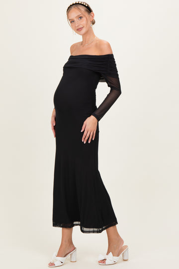 Black Mesh Off Shoulder Long Sleeve Maternity Maxi Dress