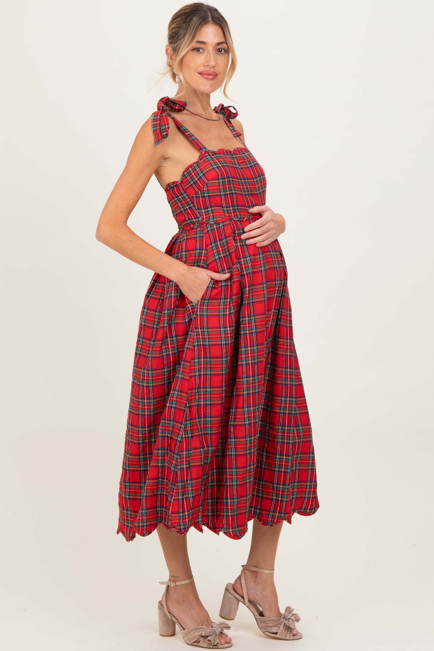 Red Plaid Shoulder Tie Scallop Hem Maternity Midi Dress