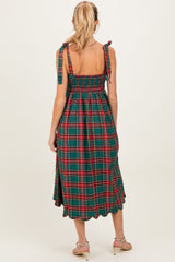 Green Plaid Shoulder Tie Scallop Hem Maternity Midi Dress