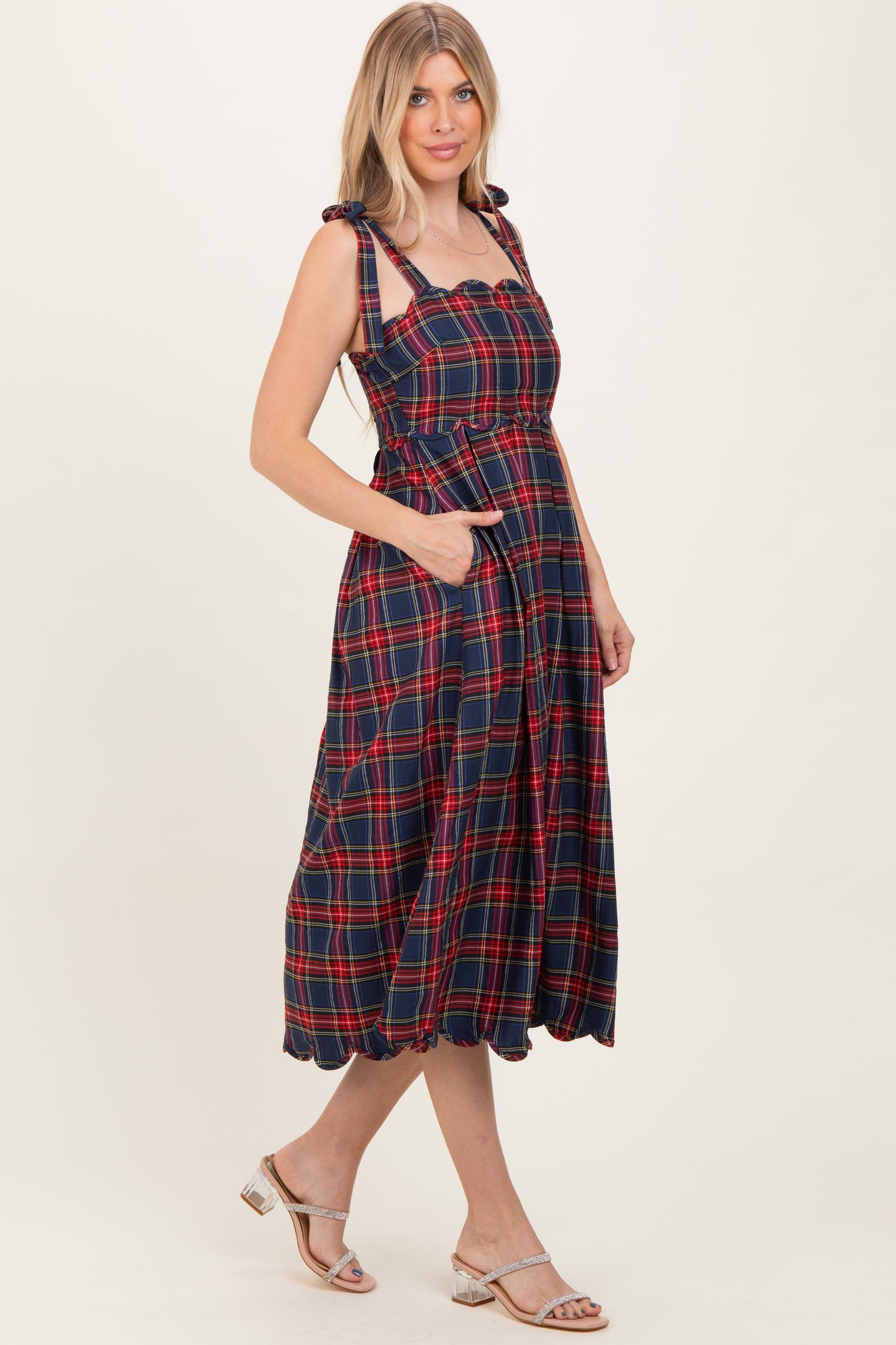 Navy Plaid Shoulder Tie Scallop Hem Midi Dress