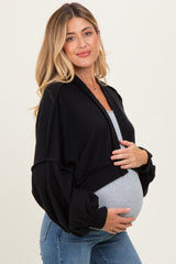 Black Solid Ribbed Long Sleeve Cropped Maternity Cardigan