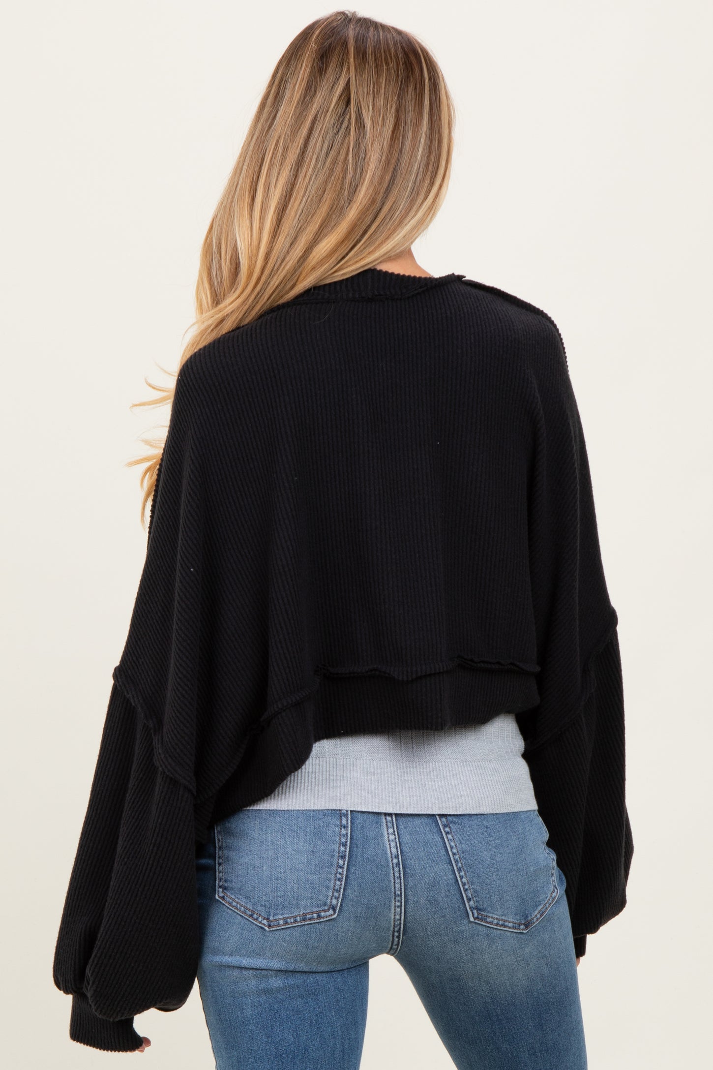 Black Solid Ribbed Long Sleeve Cropped Maternity Cardigan