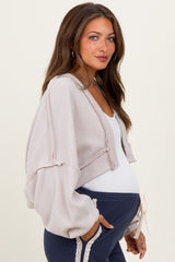 Beige Solid Ribbed Long Sleeve Cropped Maternity Cardigan