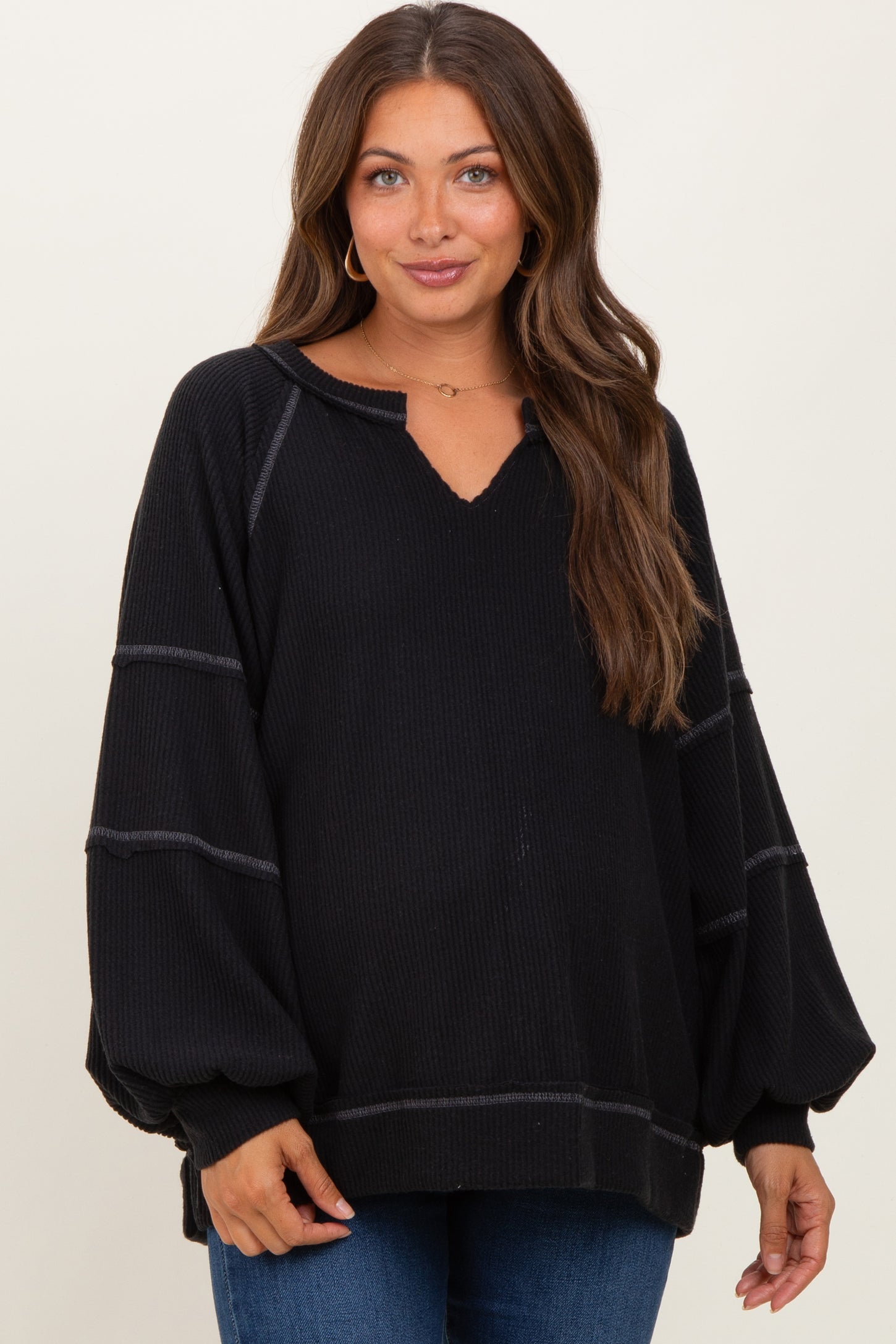 Black Solid Rib Long Sleeve V-Neck Oversized Maternity Tunic Top