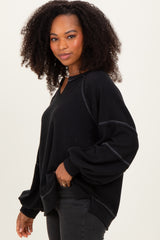 Black Solid Rib Long Sleeve V-Neck Oversized Tunic Top
