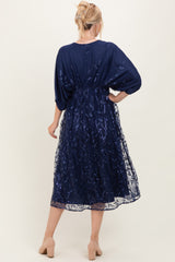 Navy Embroidered Tulle Dolman V-Neck Midi Dress