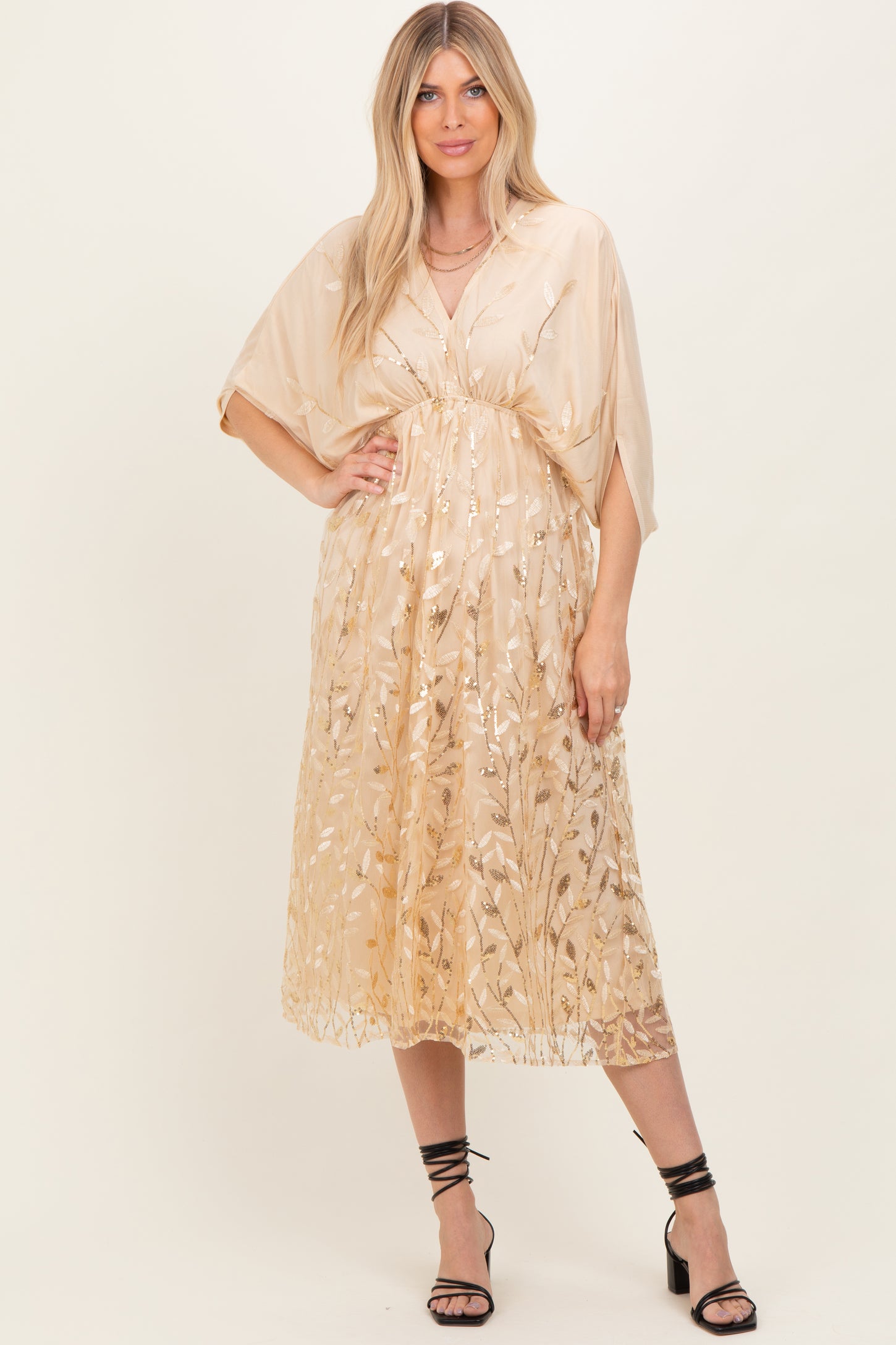 Light Gold Embroidered Tulle Dolman V-Neck Midi Dress