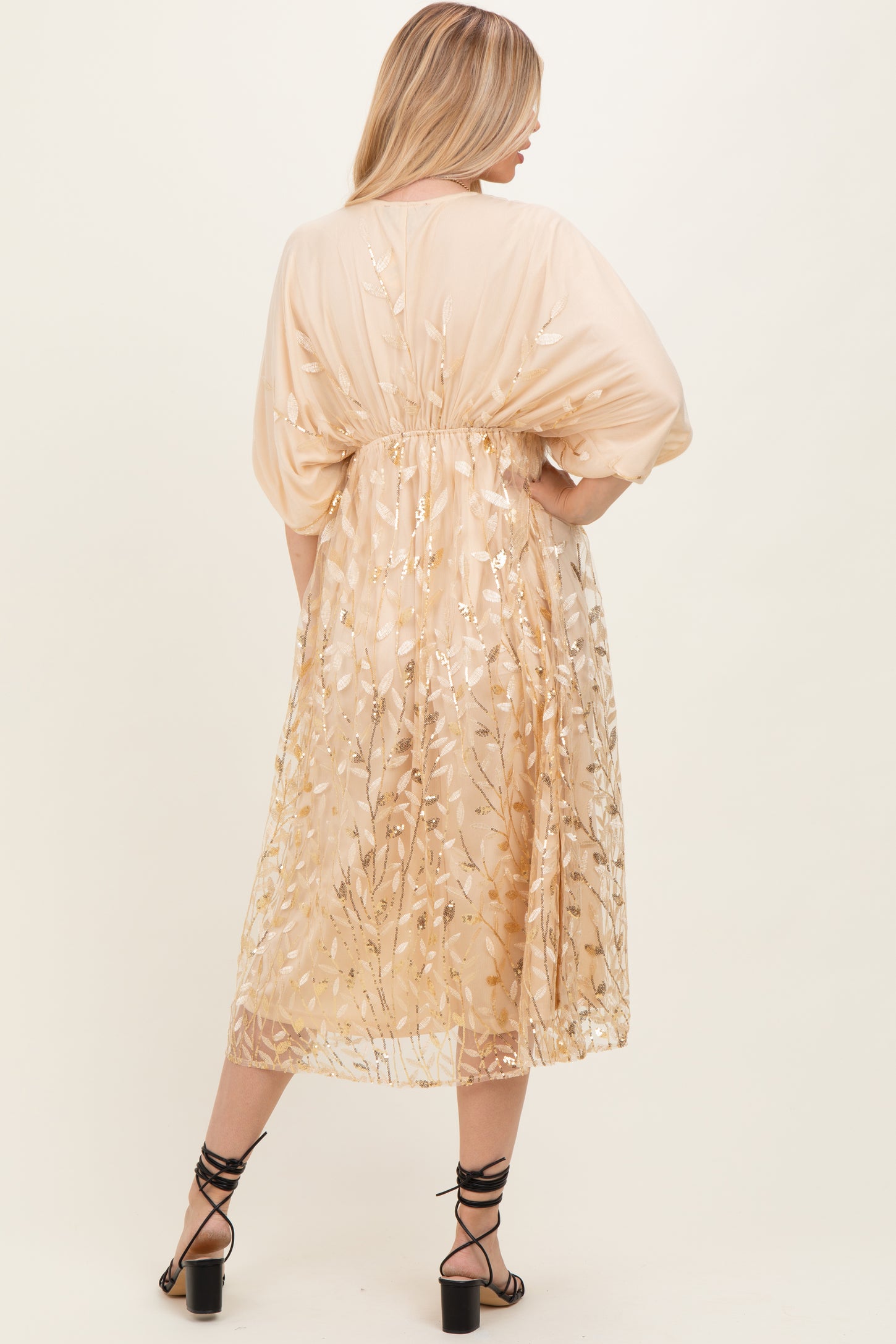 Light Gold Embroidered Tulle Dolman V-Neck Midi Dress