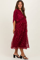 Burgundy Embroidered Tulle Dolman V-Neck Maternity Midi Dress