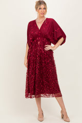 Burgundy Embroidered Tulle Dolman V-Neck Maternity Midi Dress