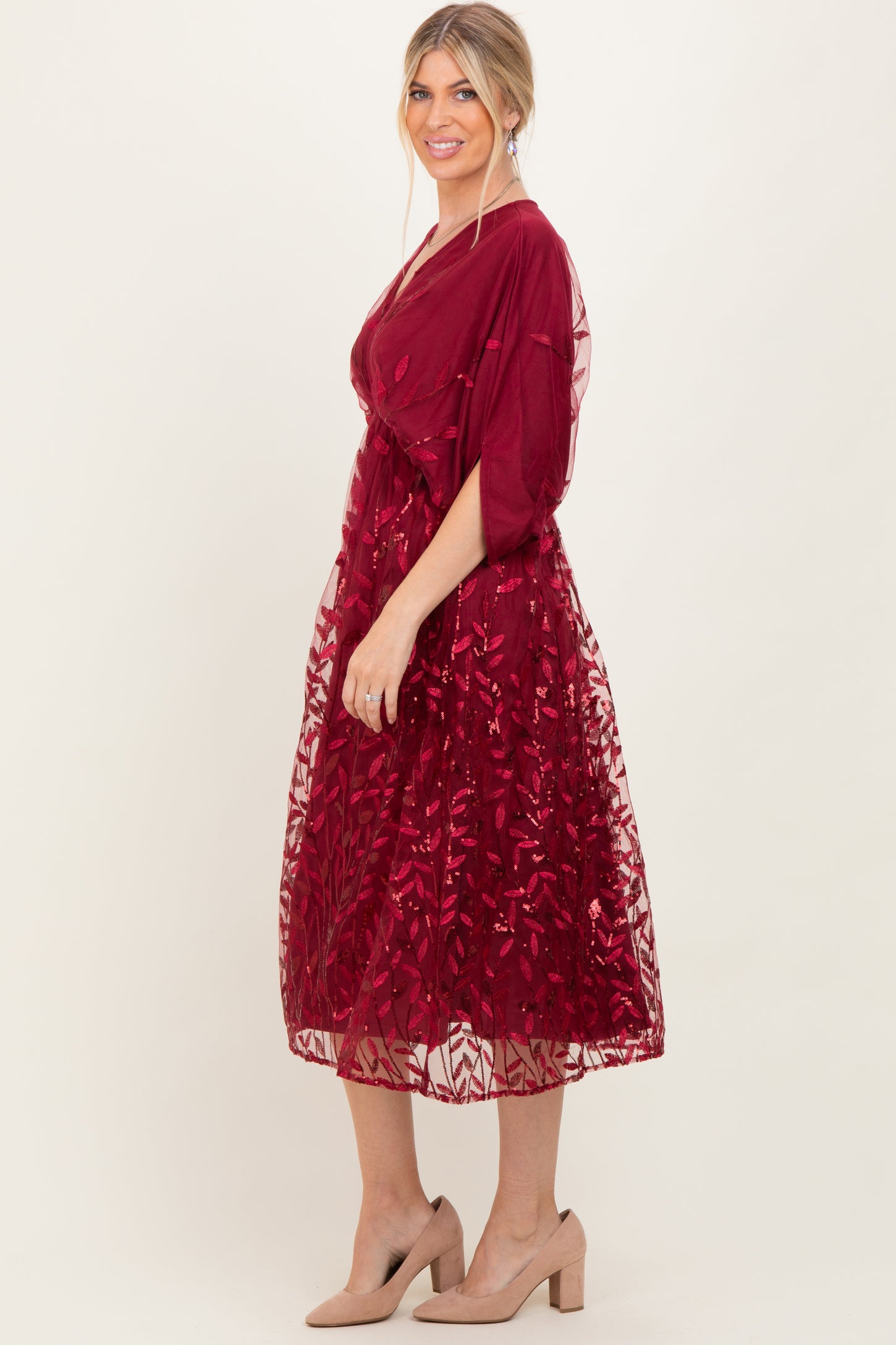 Burgundy Embroidered Tulle Dolman V-Neck Midi Dress