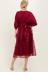 Burgundy Embroidered Tulle Dolman V-Neck Midi Dress