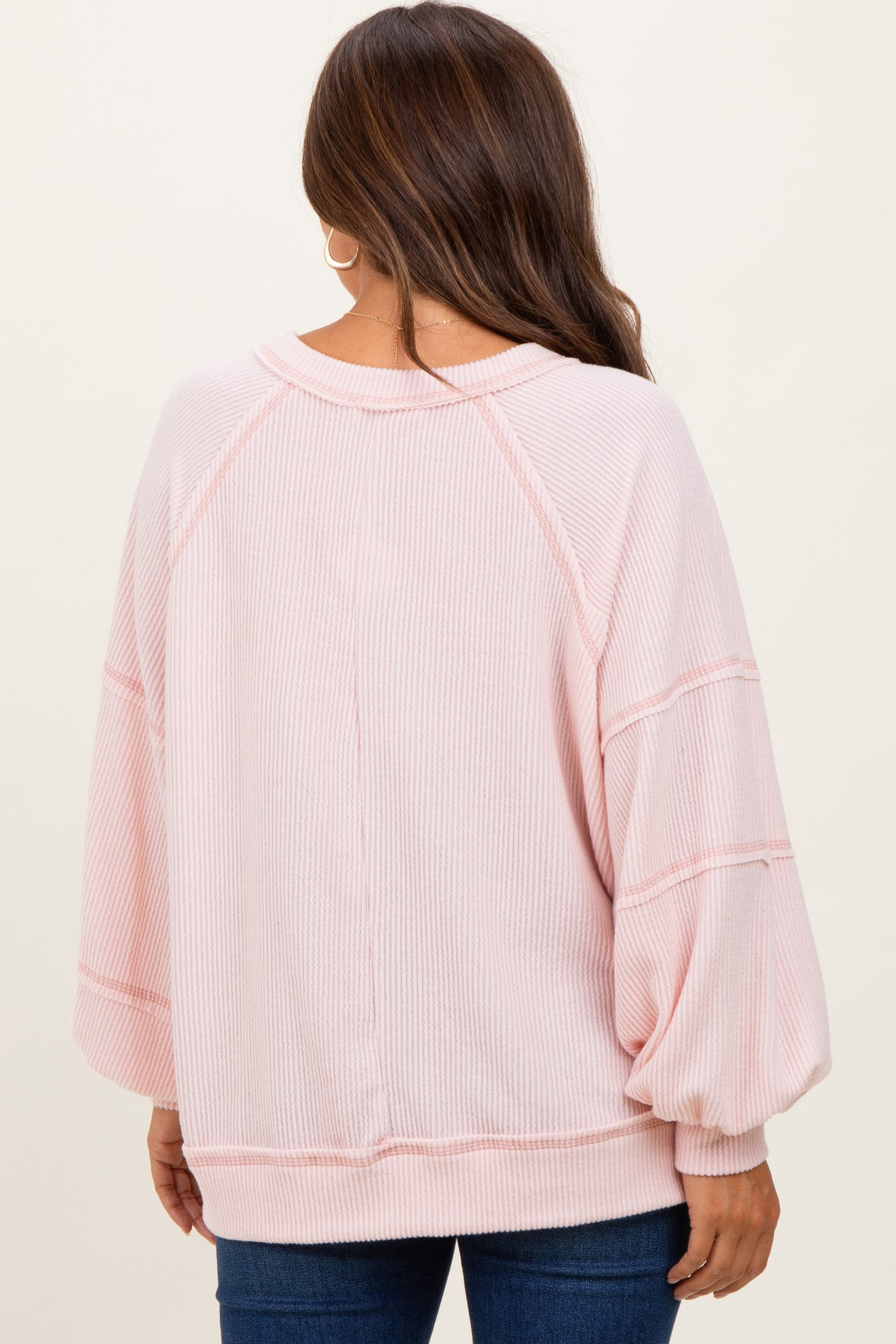 Light Pink Solid Rib Long Sleeve V-Neck Oversized Maternity Tunic Top