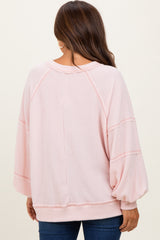 Light Pink Solid Rib Long Sleeve V-Neck Oversized Maternity Tunic Top