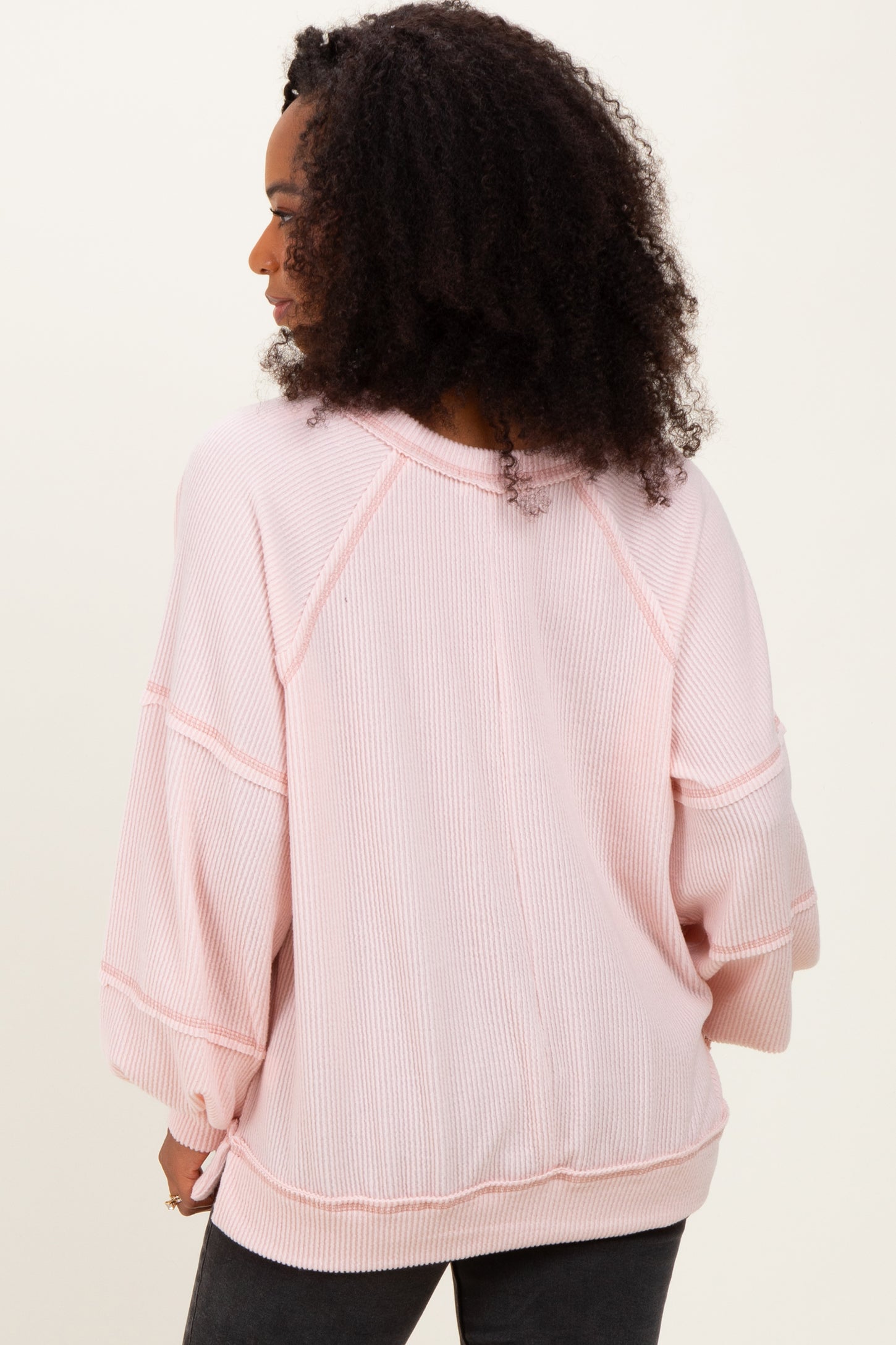 Light Pink Solid Rib Long Sleeve V-Neck Oversized Tunic Top