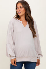 Beige Solid Rib Long Sleeve V-Neck Oversized Maternity Tunic Top