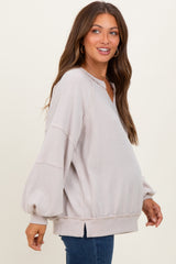 Beige Solid Rib Long Sleeve V-Neck Oversized Maternity Tunic Top